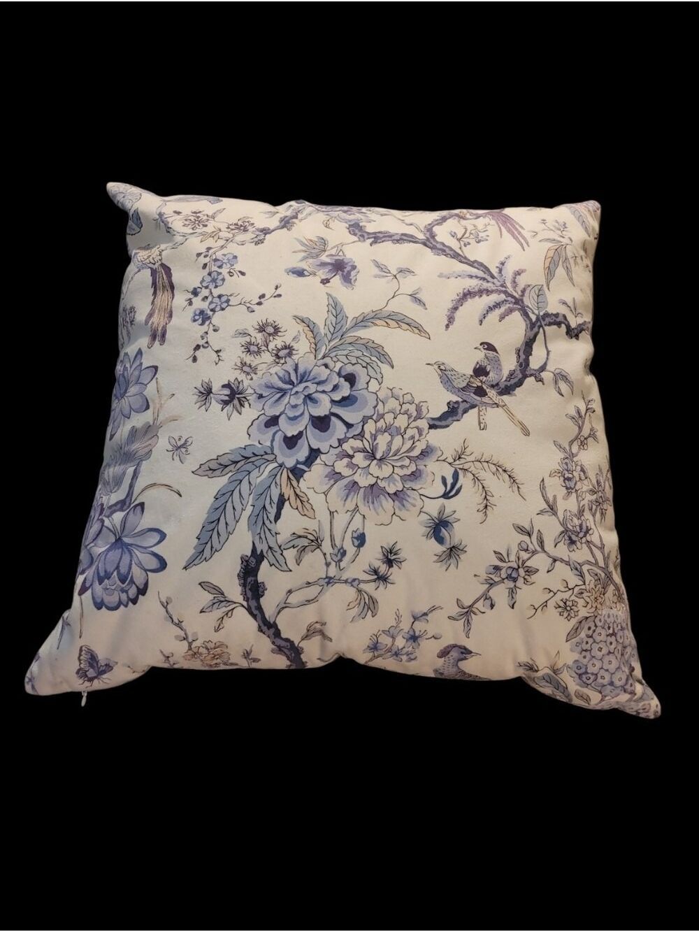 Beautiful 18" X 18" Decorative Blue & White Throw Pillow Floral Bird Cottagecore